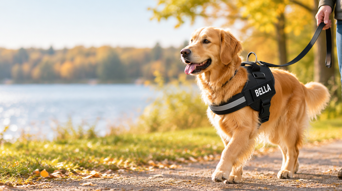 Golden retriever med sort sele går tur i parken